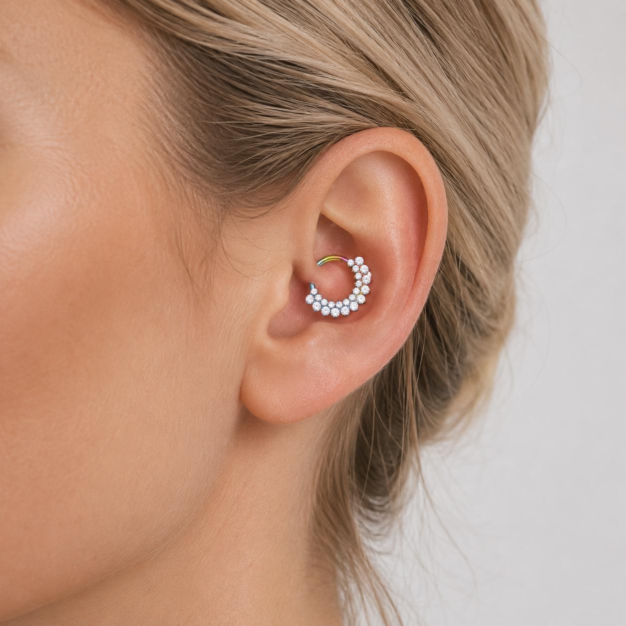 ASTM F136 Titanium Rainbow CZ Septum Ring｜16G Double Row Hinged Clicker｜Sparkling Daith Jewelry｜Hypoallergenic｜Helix Conch Rook Cartilage - Image 2