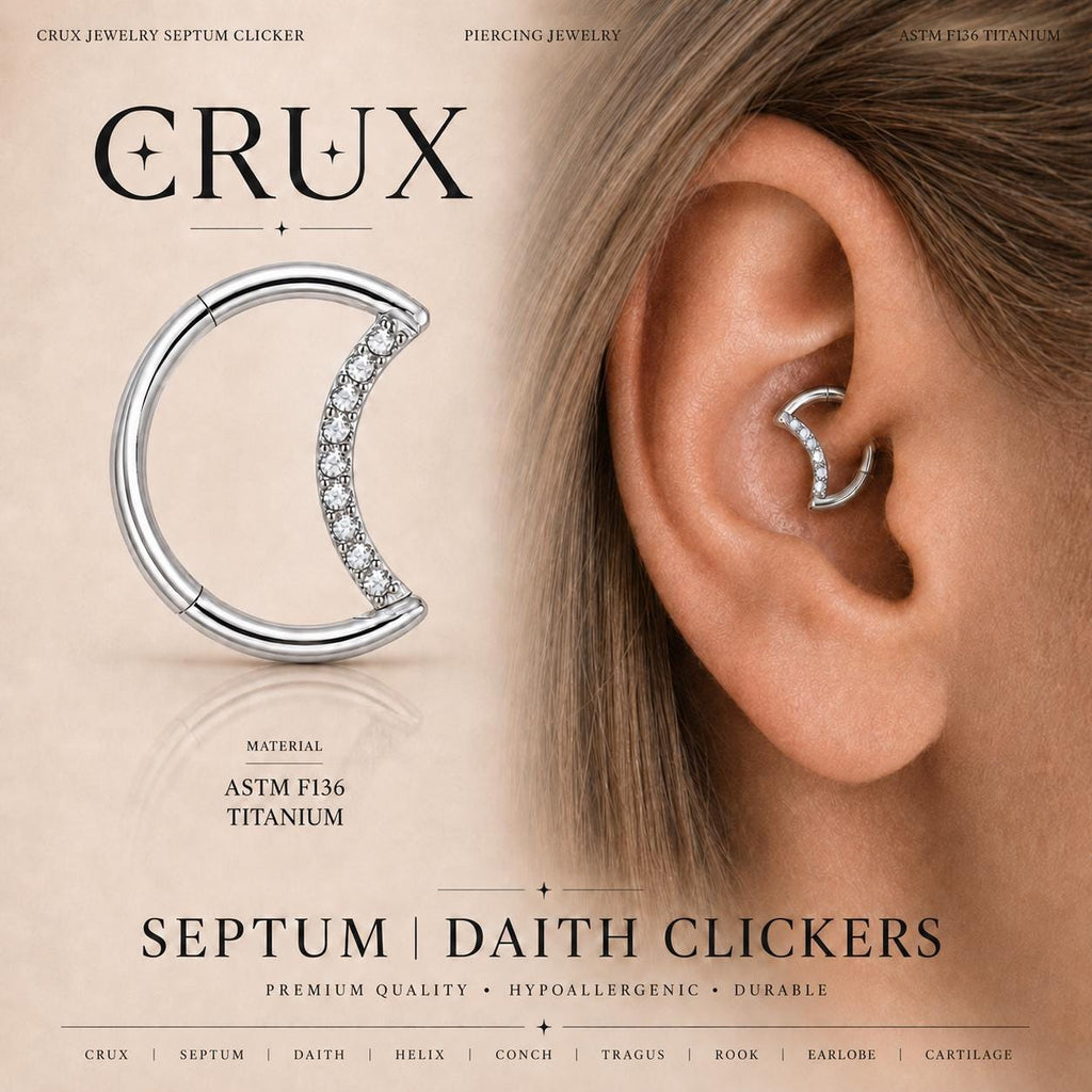 ASTM F136 Titanium Crescent Moon Septum Ring｜16G Hinged Clicker｜Sparkling CZ Daith Jewelry｜Hypoallergenic｜Helix Conch Rook Cartilage
