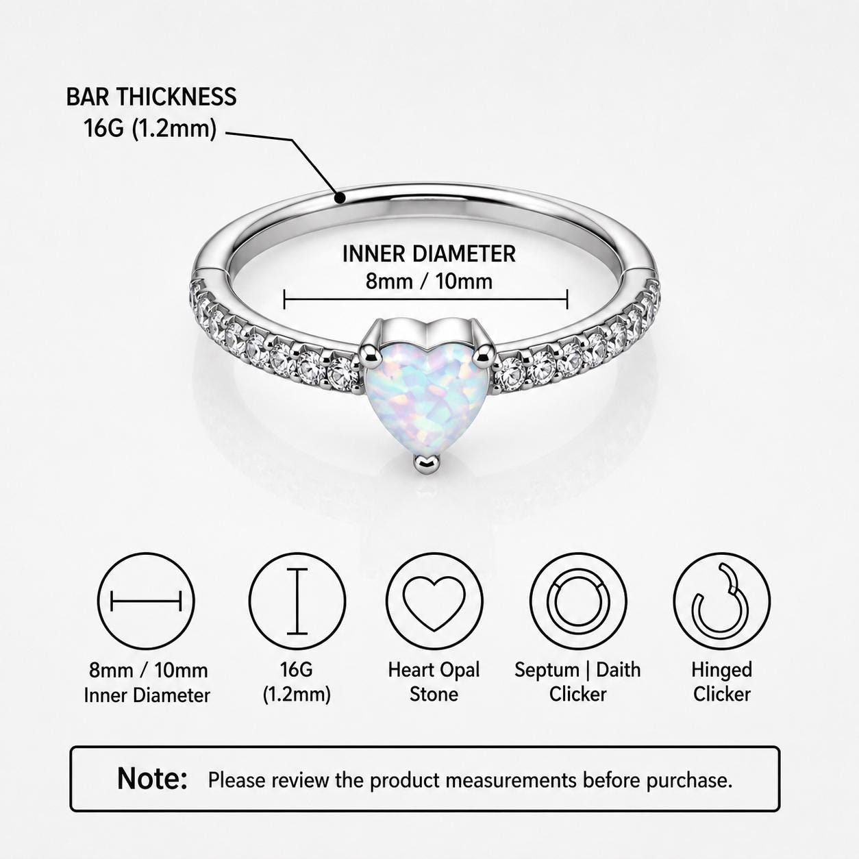 ASTM F136 Titanium Opal Heart Septum Ring｜16G Hinged Clicker｜Sparkling CZ Daith Jewelry｜Hypoallergenic｜Helix Conch Rook Cartilage - Image 7
