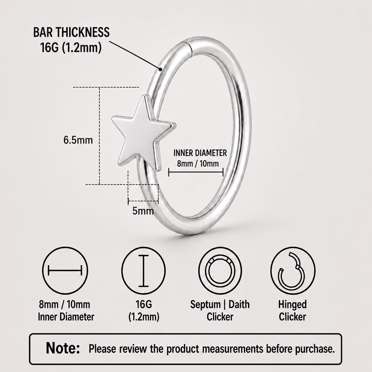 ASTM F136 Titanium Star & Cross Septum Ring｜16G Hinged Clicker｜Minimalist Daith Jewelry｜Hypoallergenic｜Helix Conch Rook Cartilage - Image 6