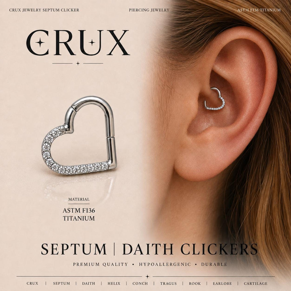 ASTM F136 Titanium CZ Heart Septum Ring｜16G Hinged Clicker｜Sparkling Heart Daith Jewelry｜Hypoallergenic｜Helix Conch Rook
