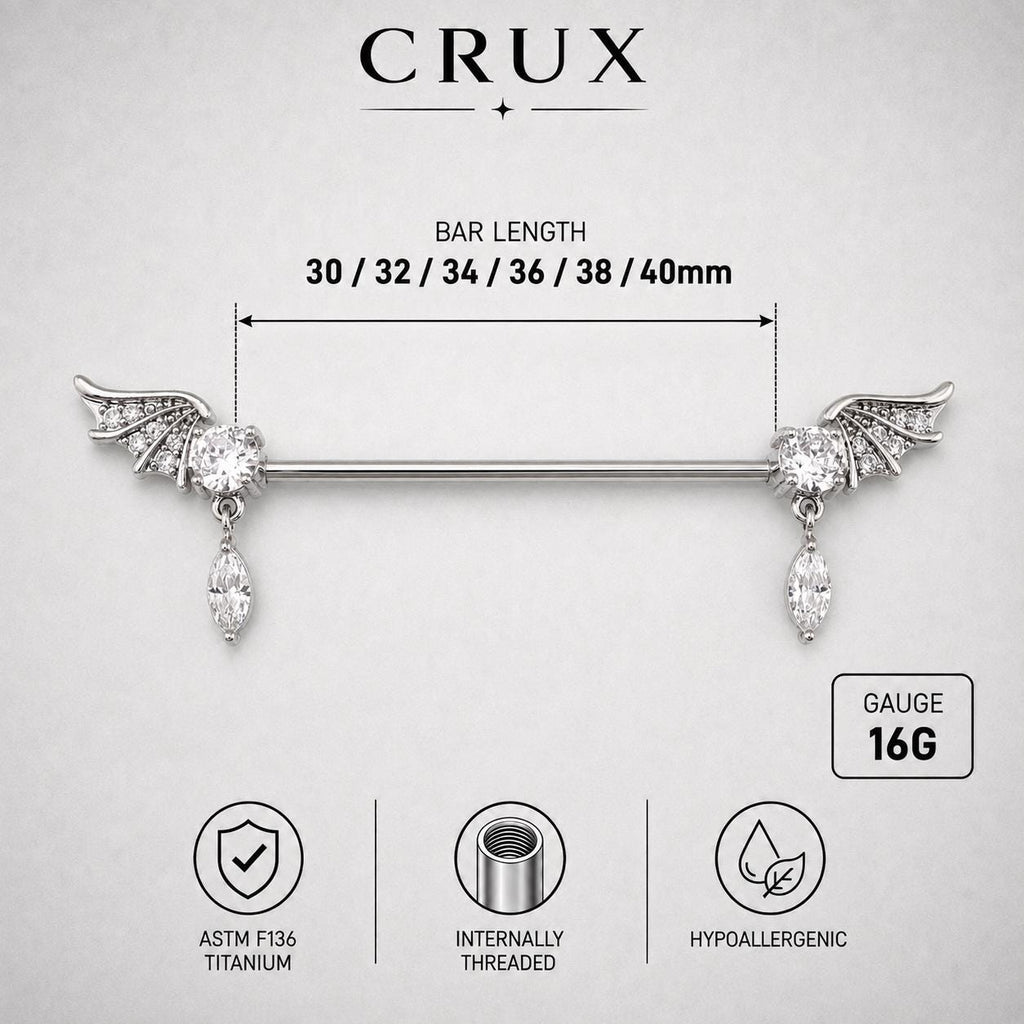 Bat Wing Crystal titanium industrial barbell, detail view 7