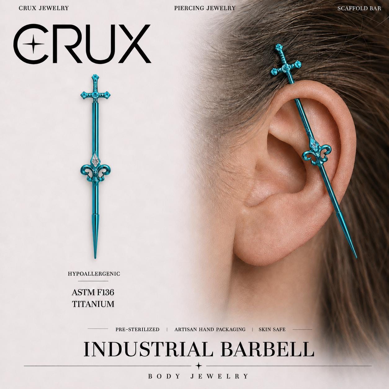 Fleur-de-Lis Sword F136 Titanium industrial barbell