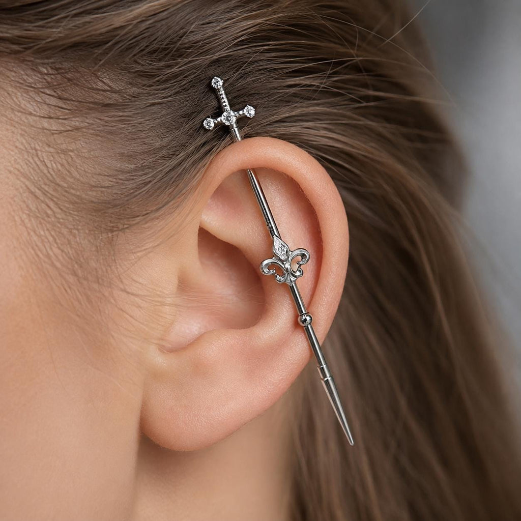 Fleur-de-Lis Sword industrial barbell detail 2