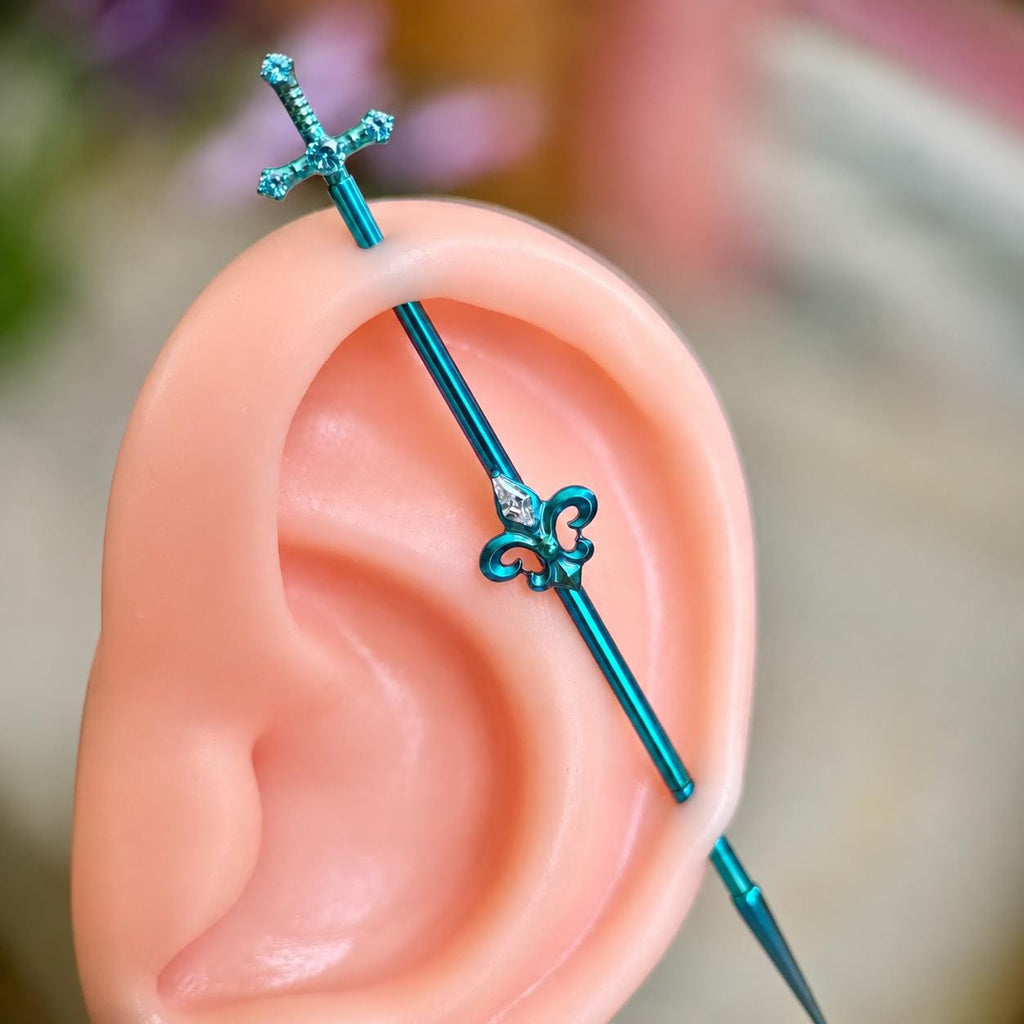 Fleur-de-Lis Sword industrial barbell detail 3