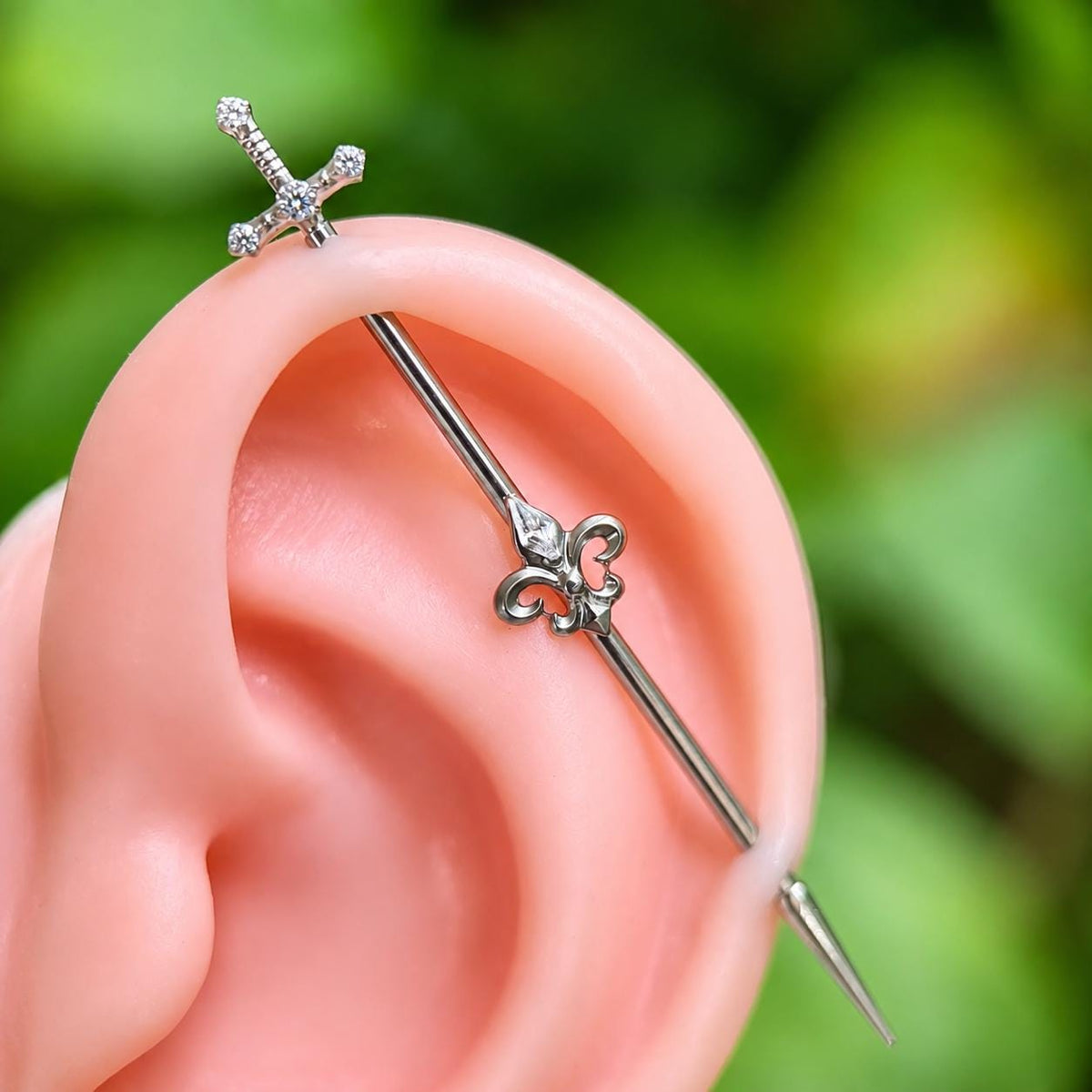 Fleur-de-Lis Sword industrial barbell detail 4