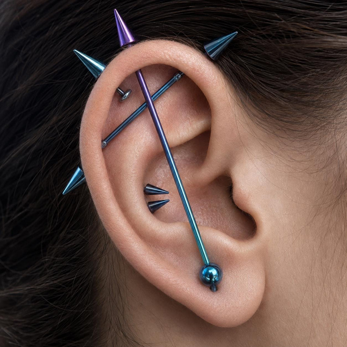 Gradient Ball & Spike industrial barbell detail 2
