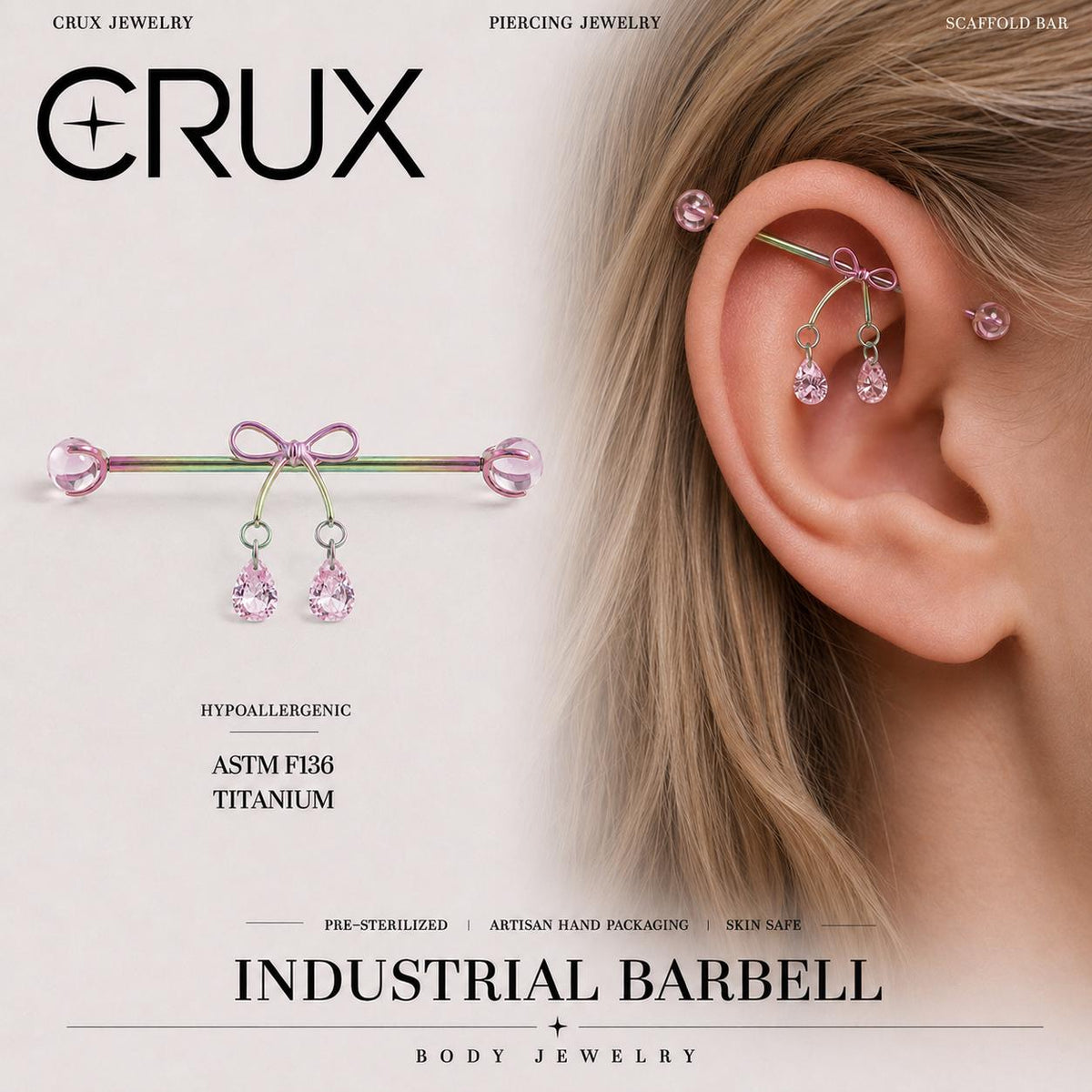 Ribbon Bow Crystal F136 Titanium industrial barbell