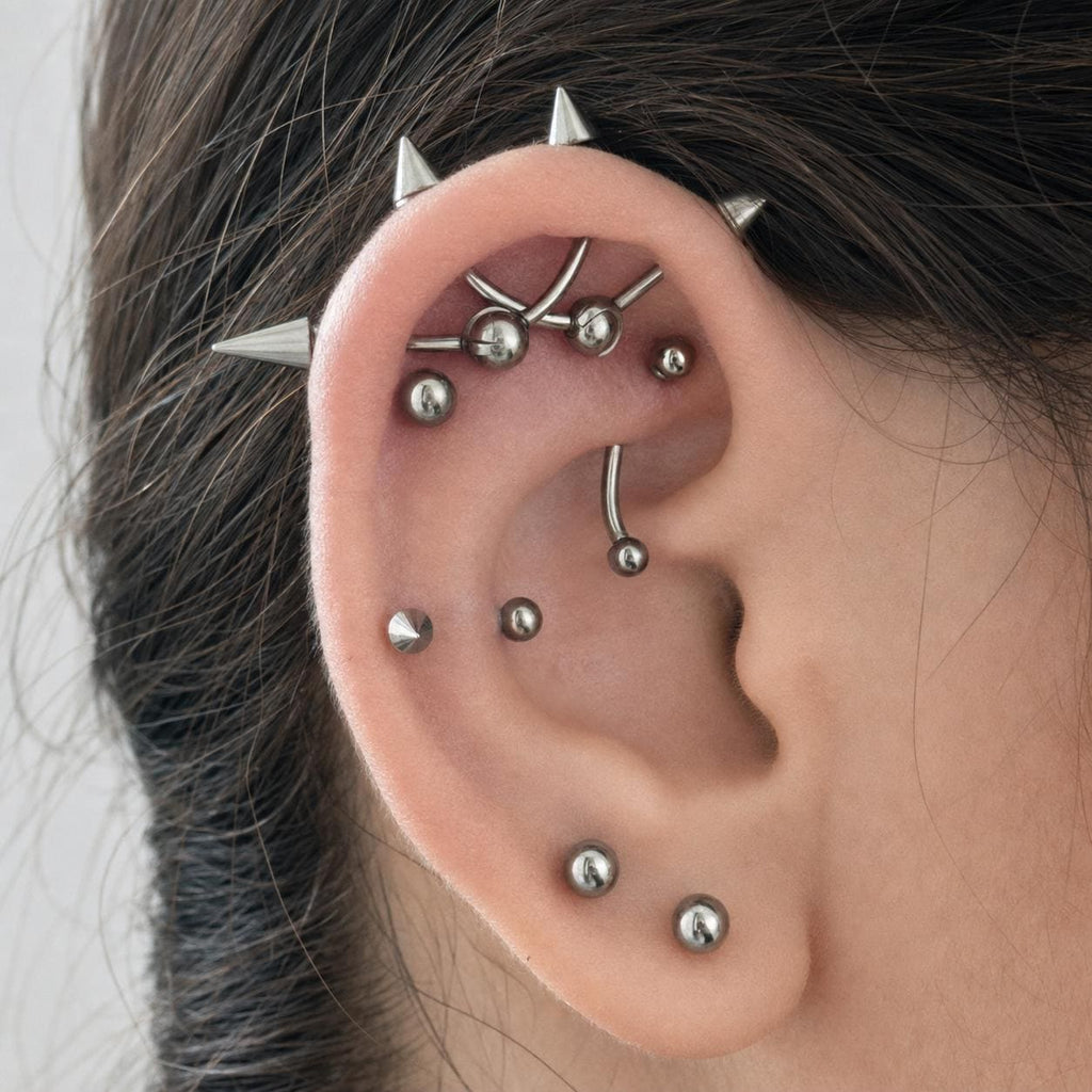 Double Spike industrial barbell detail 3