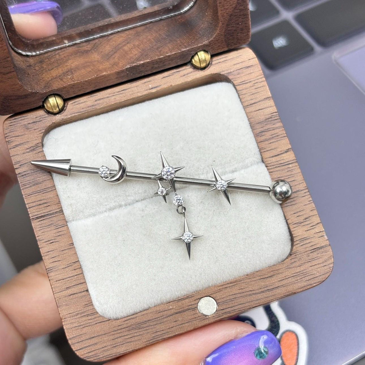 Triple Moon Crystal industrial barbell detail 5