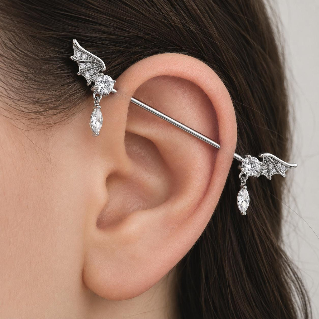 Bat Wing Crystal industrial barbell detail 2