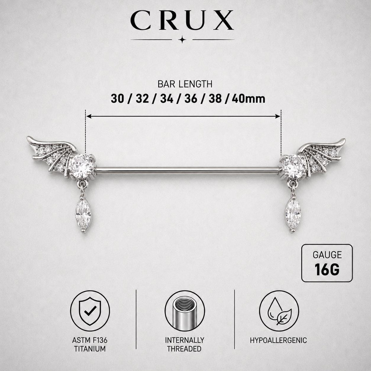 Bat Wing Crystal industrial barbell detail 7