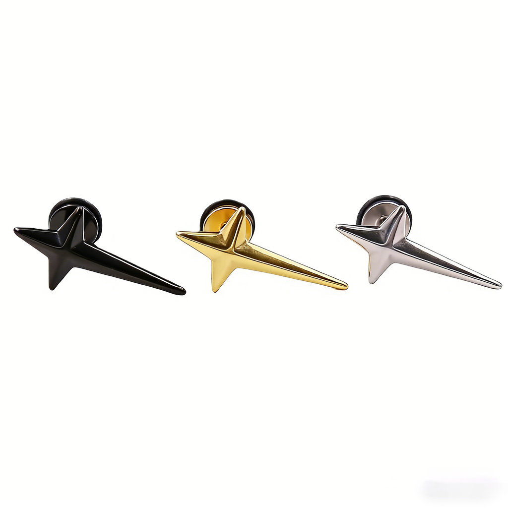 Große, schwarz-weiße 3D-Vierstern-Ohrstecker aus Edelstahl mit Außengewinde 