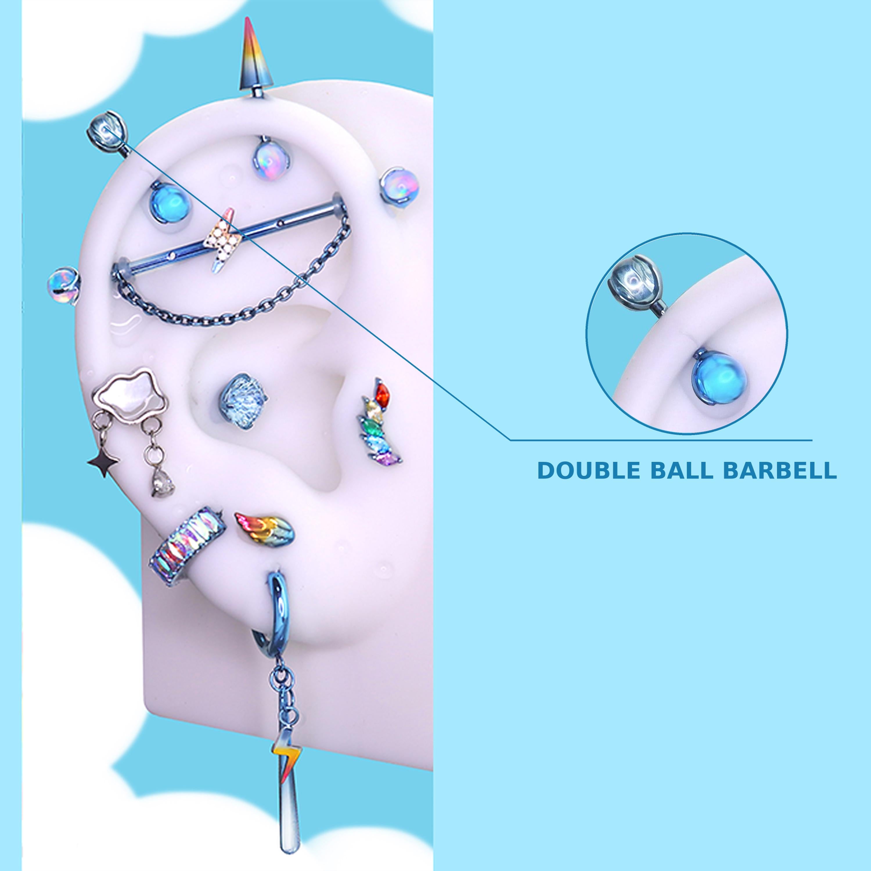 DOUBLE BALL BARBELL Rainbow Dash Ear Stack in ASTM F136 Titanium