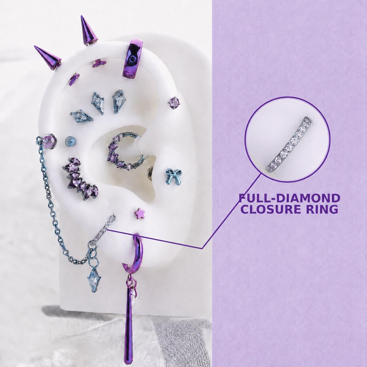 DIAMOND CLOSURE RING Rarity Ear Stack in ASTM F136 Titanium