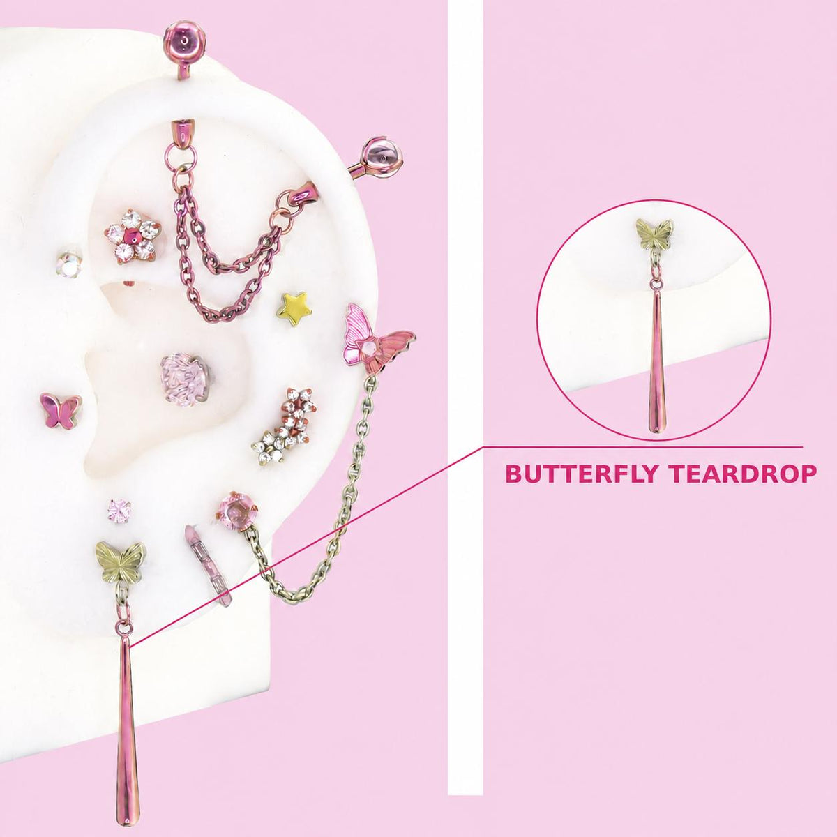 BUTTERFLY TEARDROP Fluttershy Ear Stack in ASTM F136 Titanium