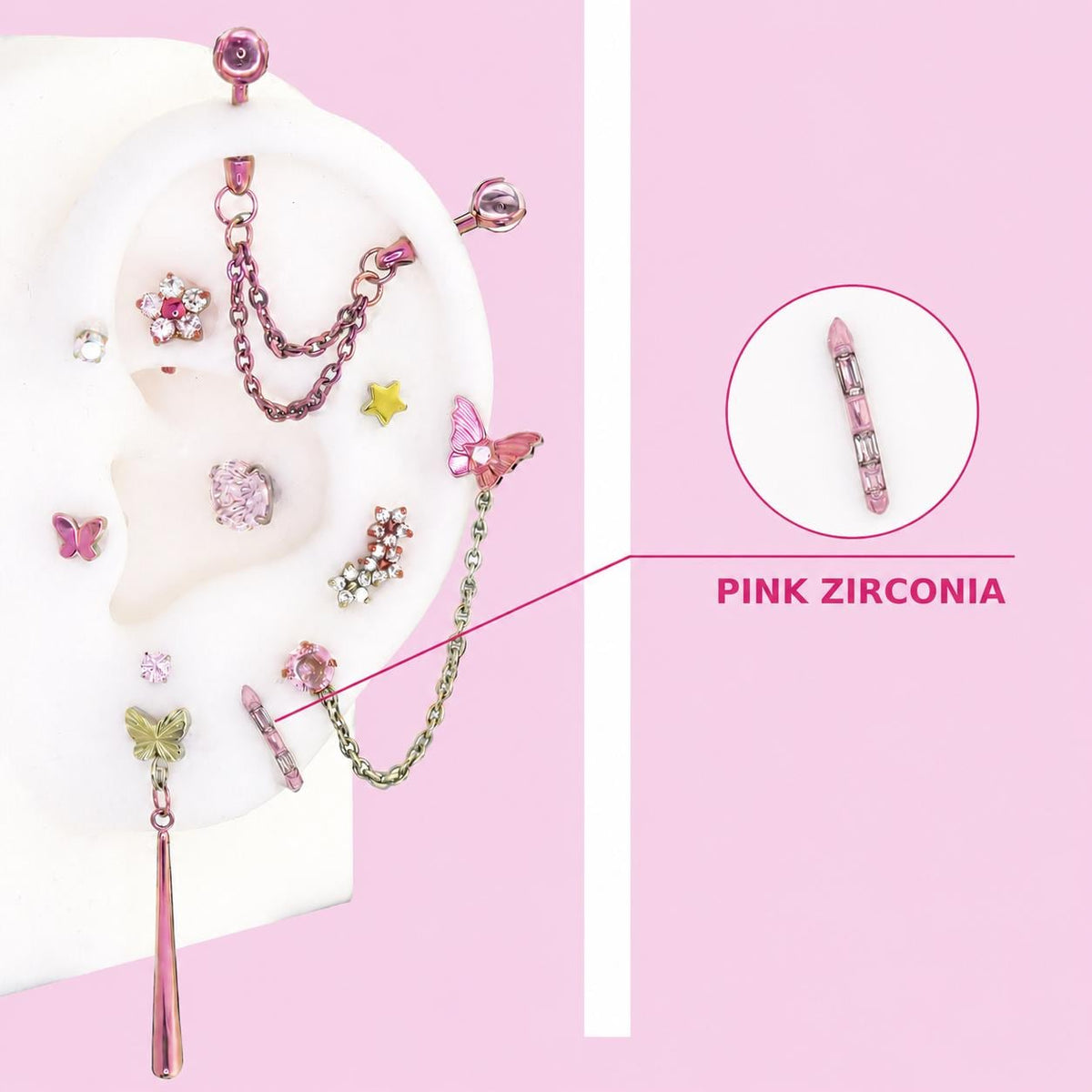 PINK ZIRCONIA Fluttershy Ear Stack in ASTM F136 Titanium