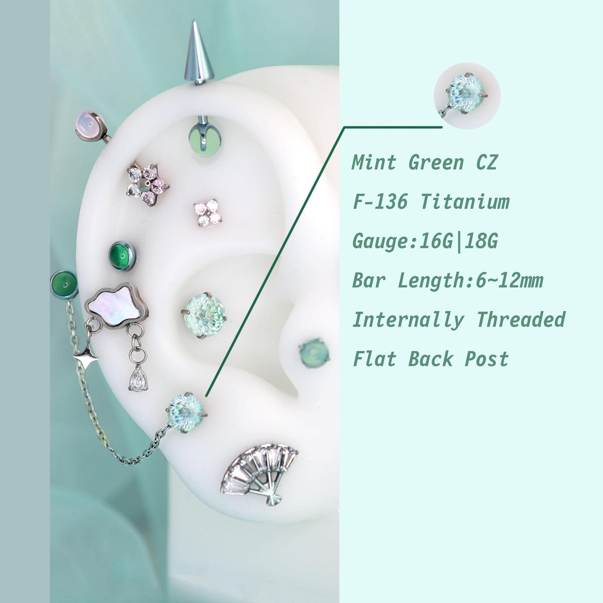 Mint Green CZ Mistmane Ear Stack in ASTM F136 Titanium
