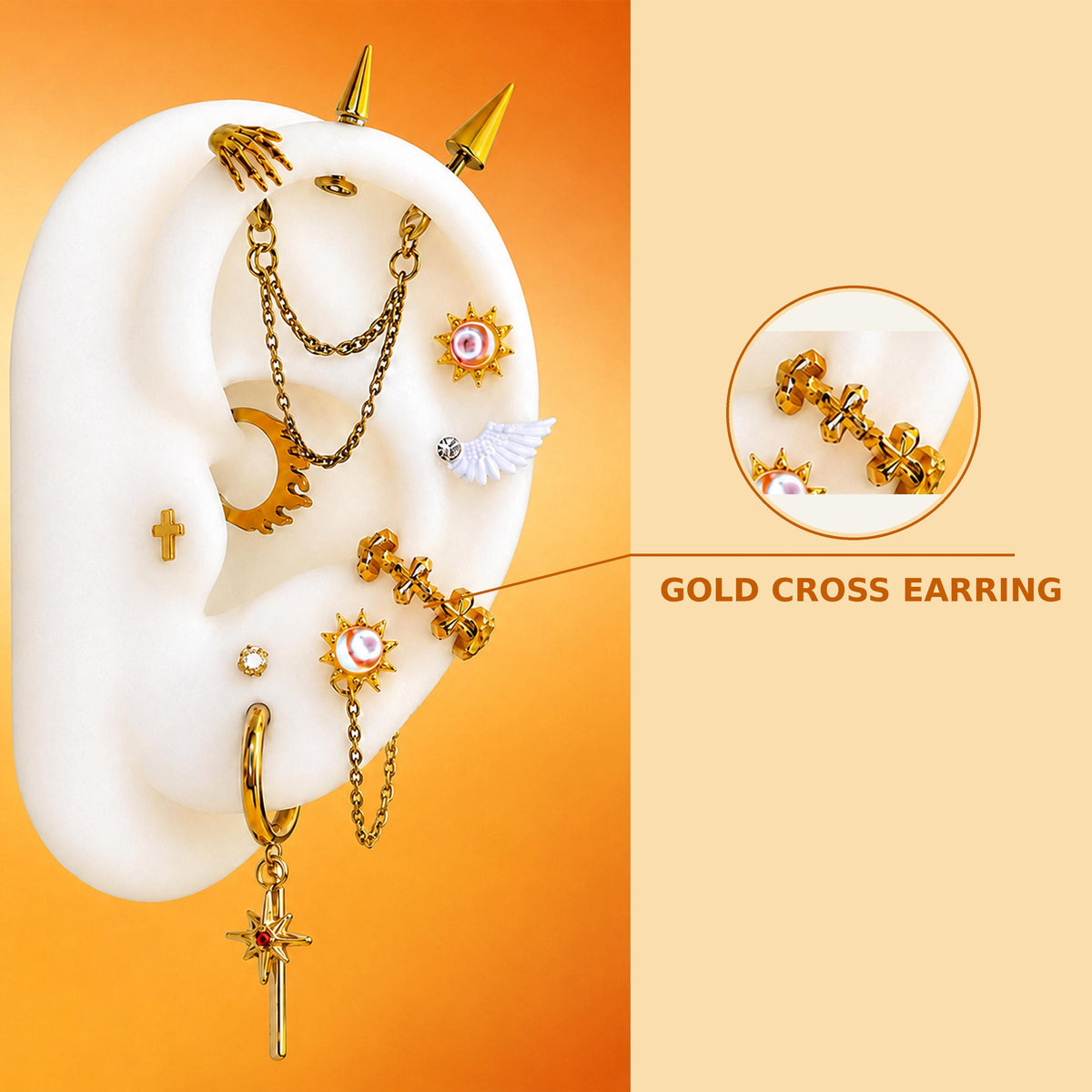 7.Gold Cross Earring Celestia Daybreaker Ear Stack in ASTM F136 Titanium