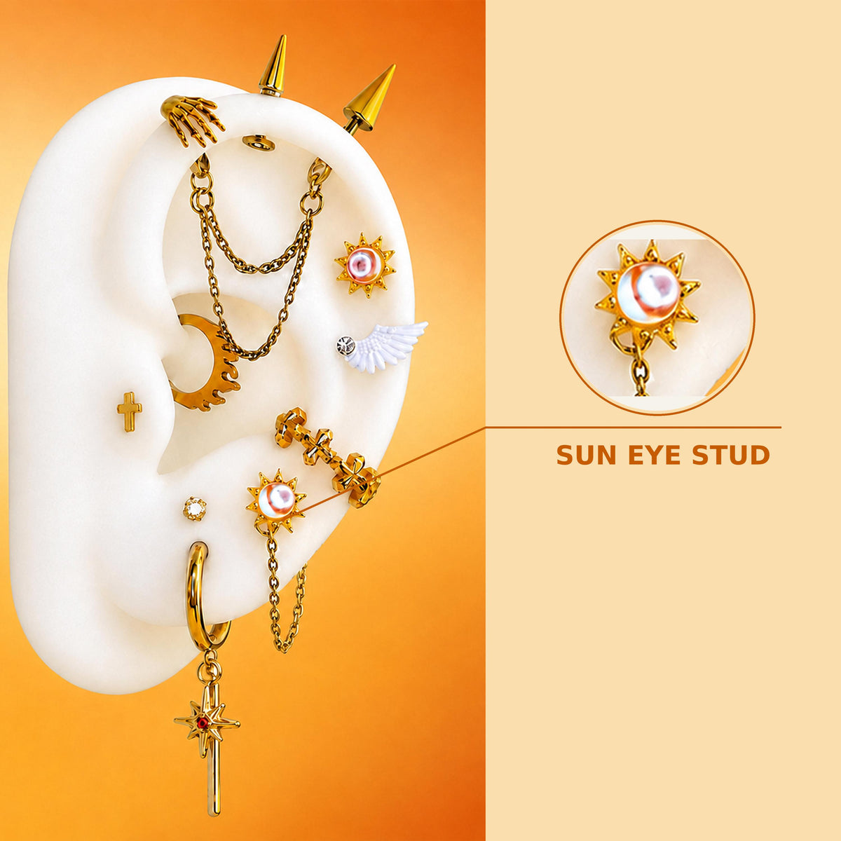 8.Sun Eye Stud Celestia Daybreaker Ear Stack in ASTM F136 Titanium