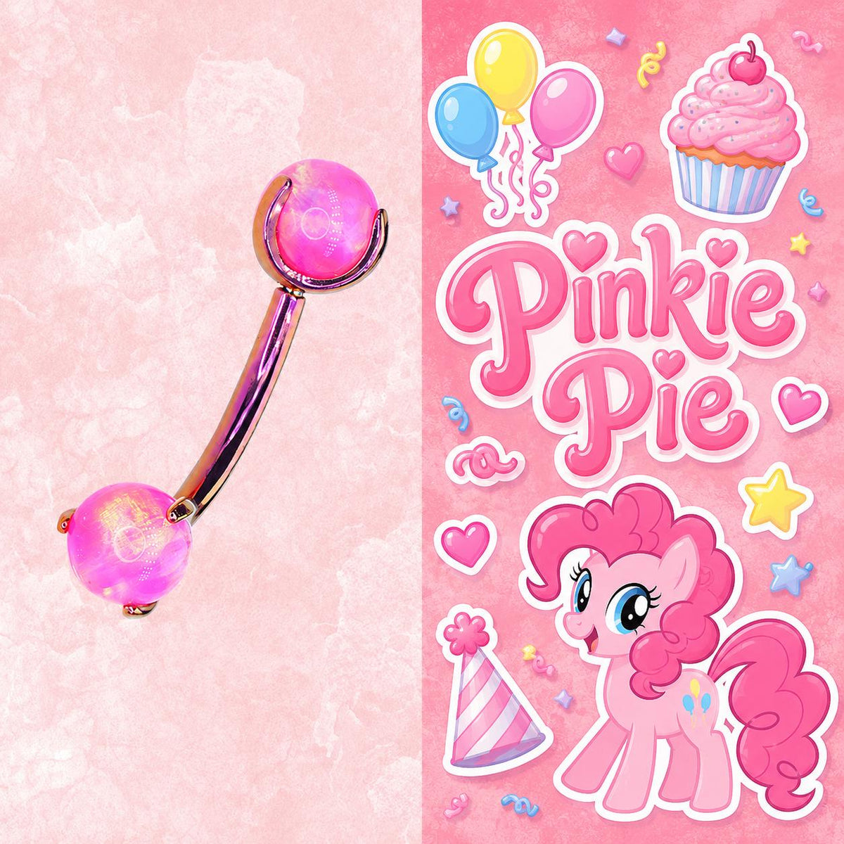 Pinkie Pie Character Opal Curved Barbell in ASTM F136 Titanium