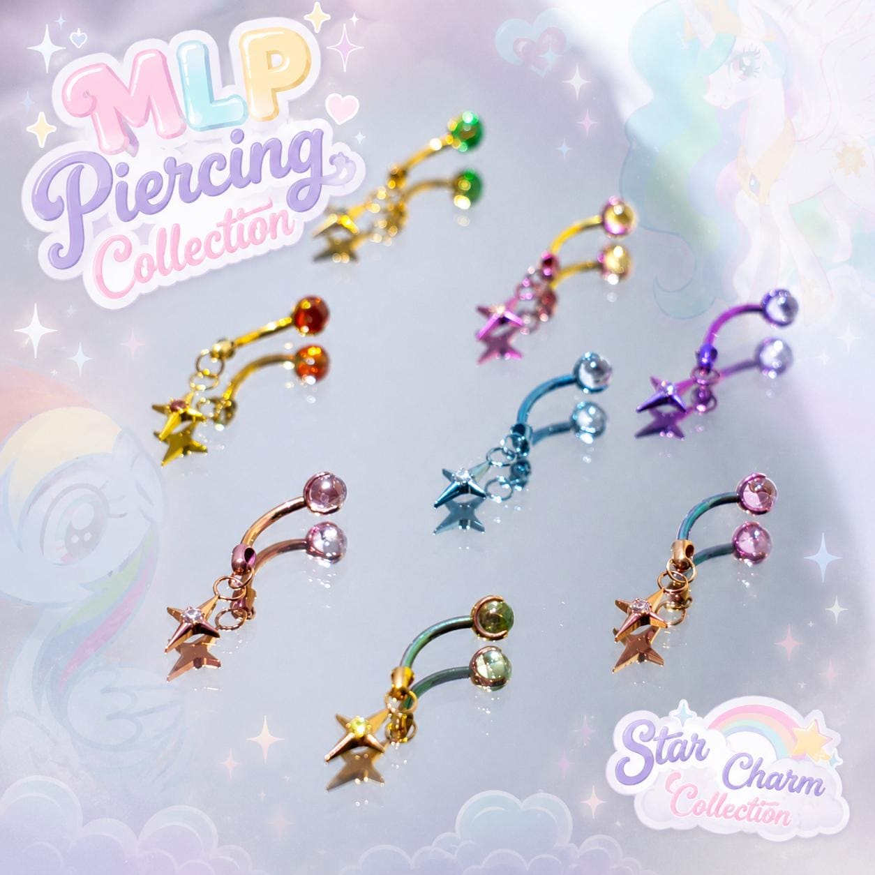 Titanium Four Point Star Charm Curved Barbell | Eyebrow Rook Snug Navel Collarbone Piercing | Pony Inspired Kawaii Jewelry - product image 1