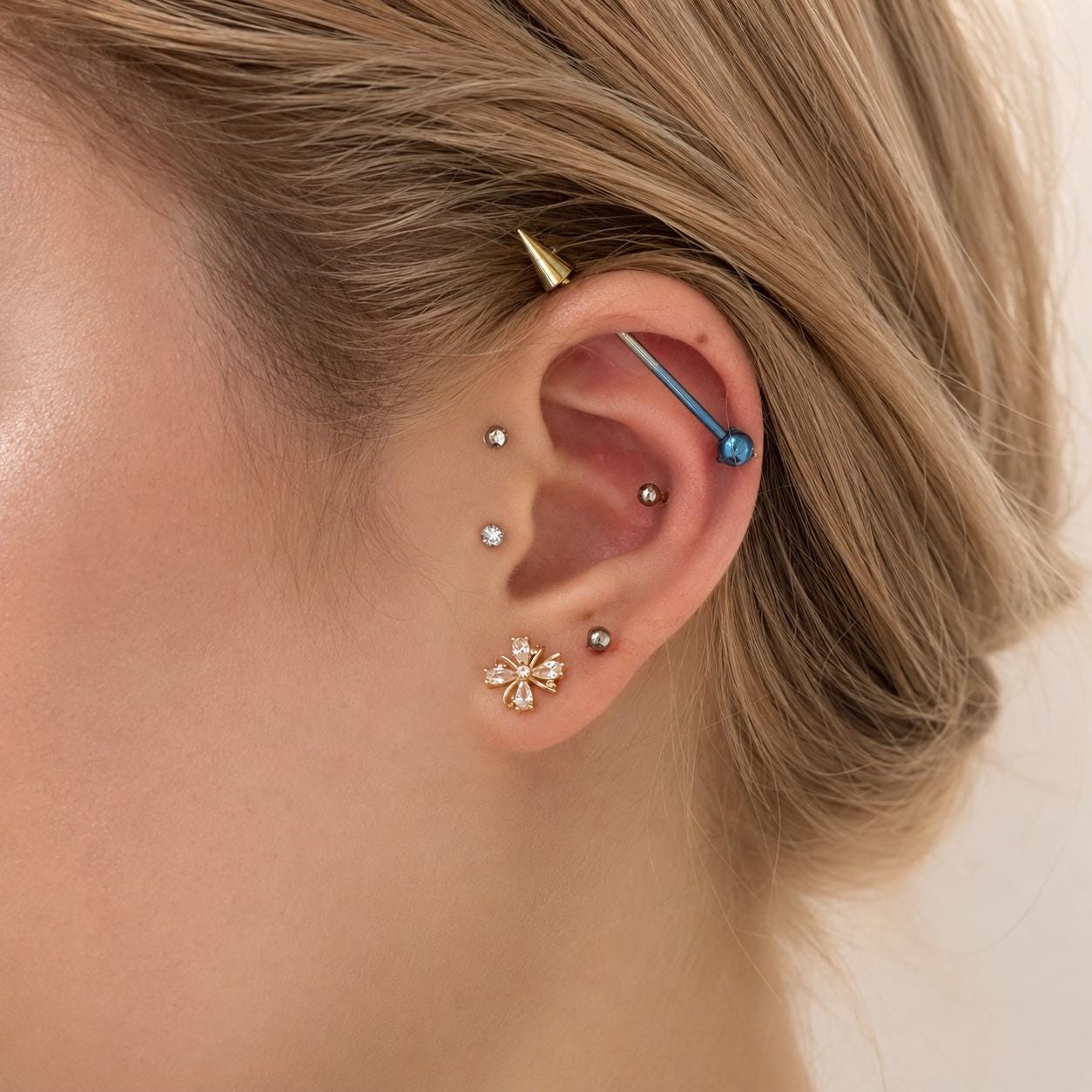 Offset Geometric titanium industrial barbell, detail view 4