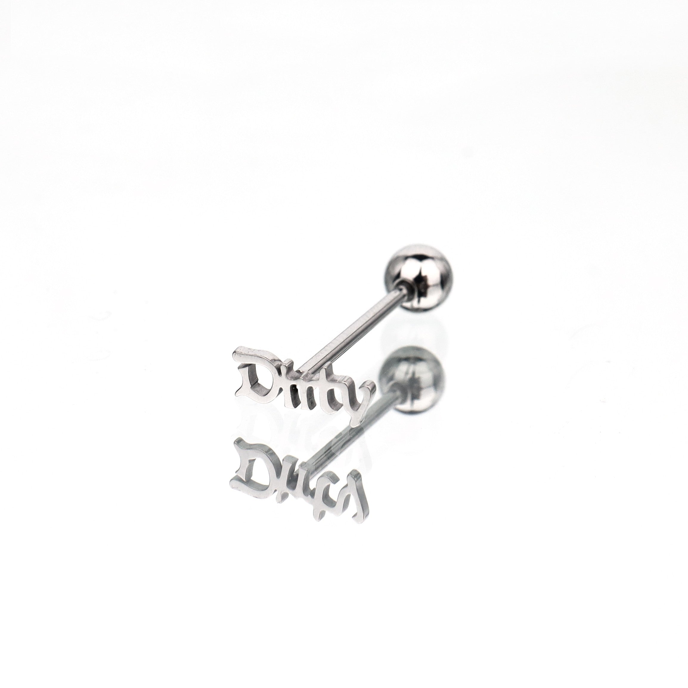 "DIRTY" Text Stainless Steel Tongue Stud - "DIRTY" Text Stainless Steel Tongue Stud - 1.2mm/16G / 12mm by CRUXJEWELRY