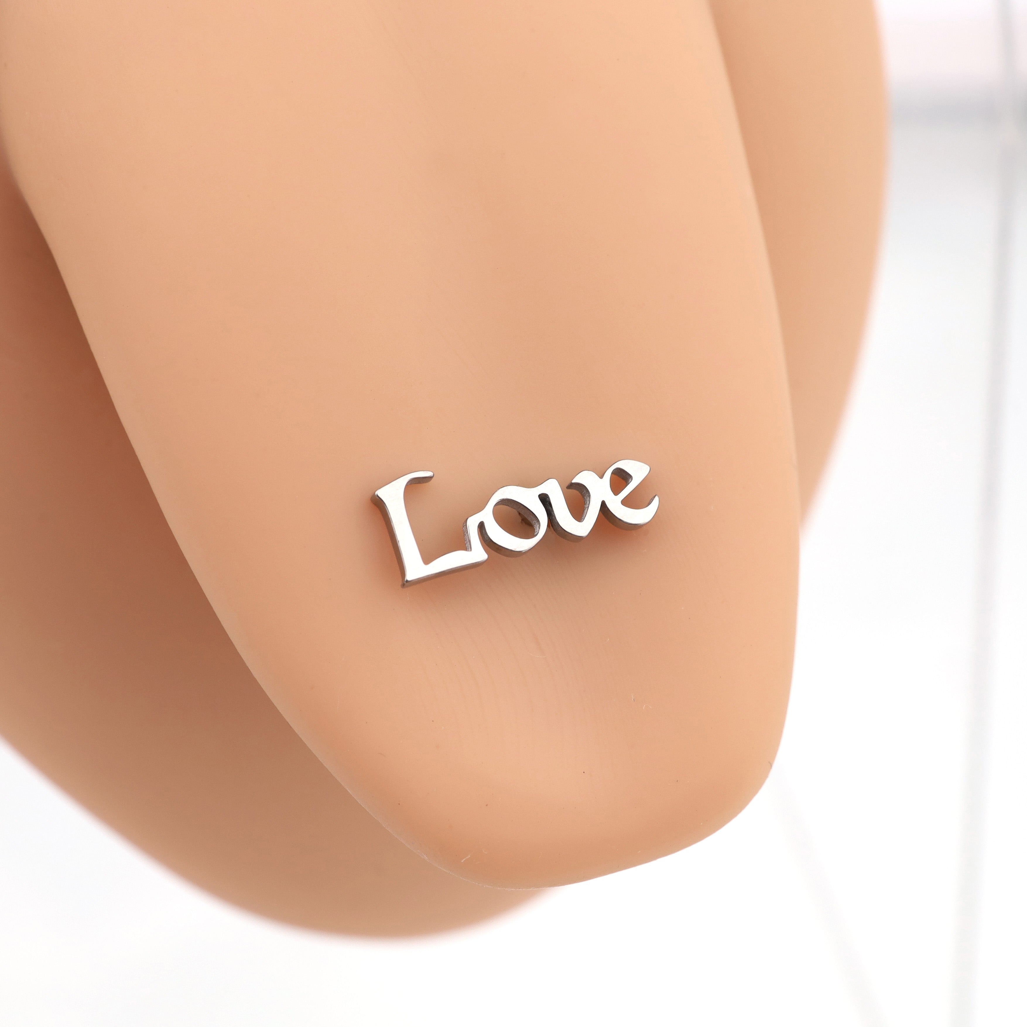 "LOVE" Text Stainless Steel Tongue Stud - "LOVE" Text Stainless Steel Tongue Stud - 1.2mm/16G / 12mm by CRUXJEWELRY