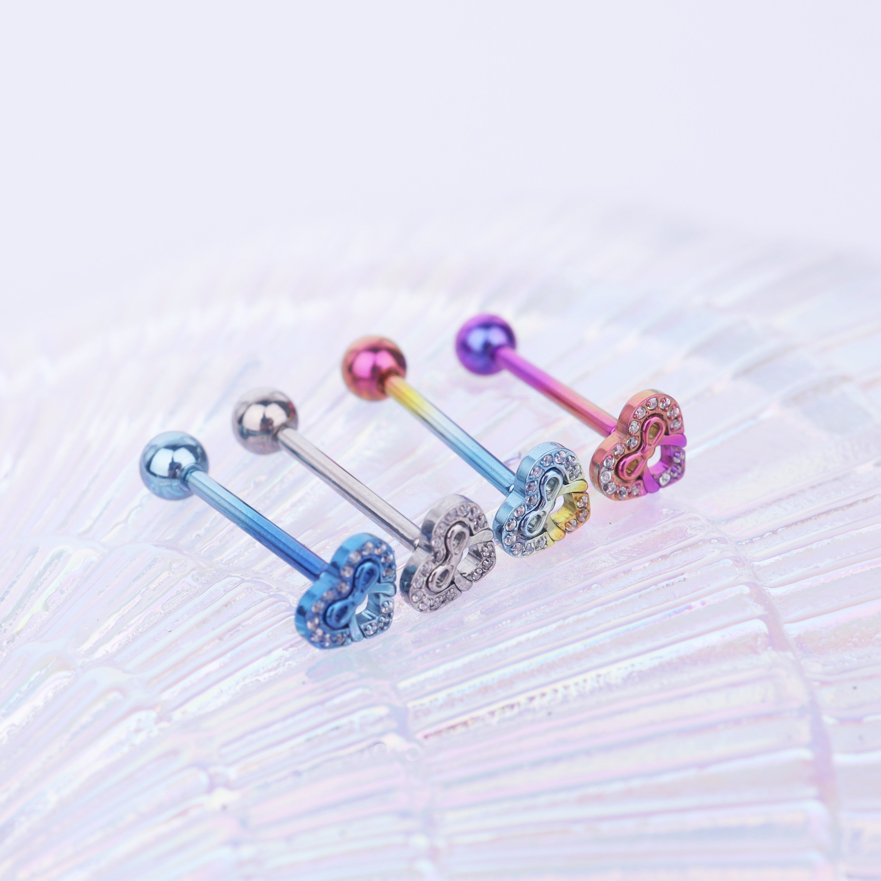 Heart Bow Tie CZ Titanium Tongue Stud - Heart Bow Tie CZ Titanium Tongue Stud - Rainbow / 10mm by CRUXJEWELRY
