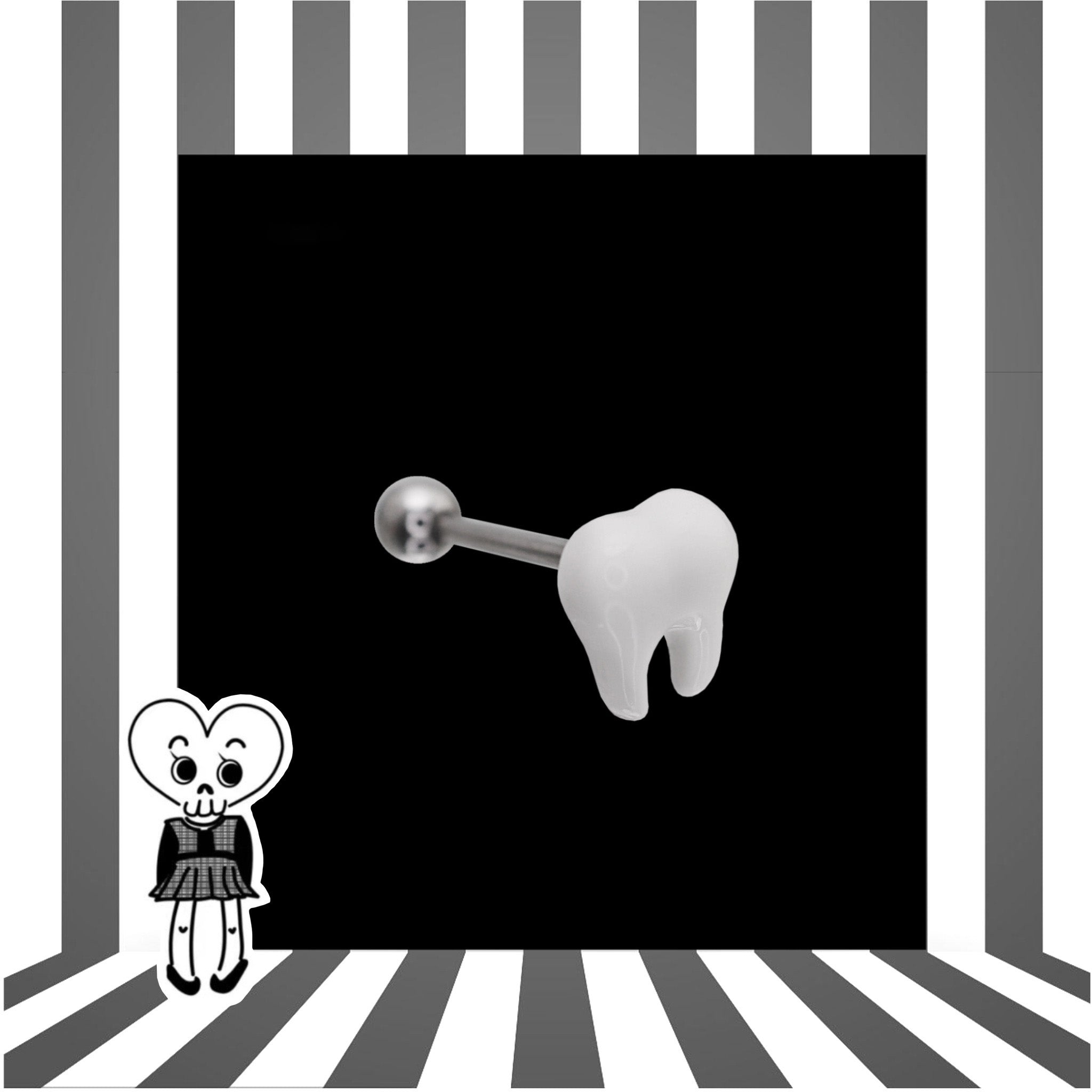 Resin White Tooth Design stainless steel tongue stud - Resin White Tooth Design stainless steel tongue stud - 1.2mm/16G / 10mm by CRUXJEWELRY