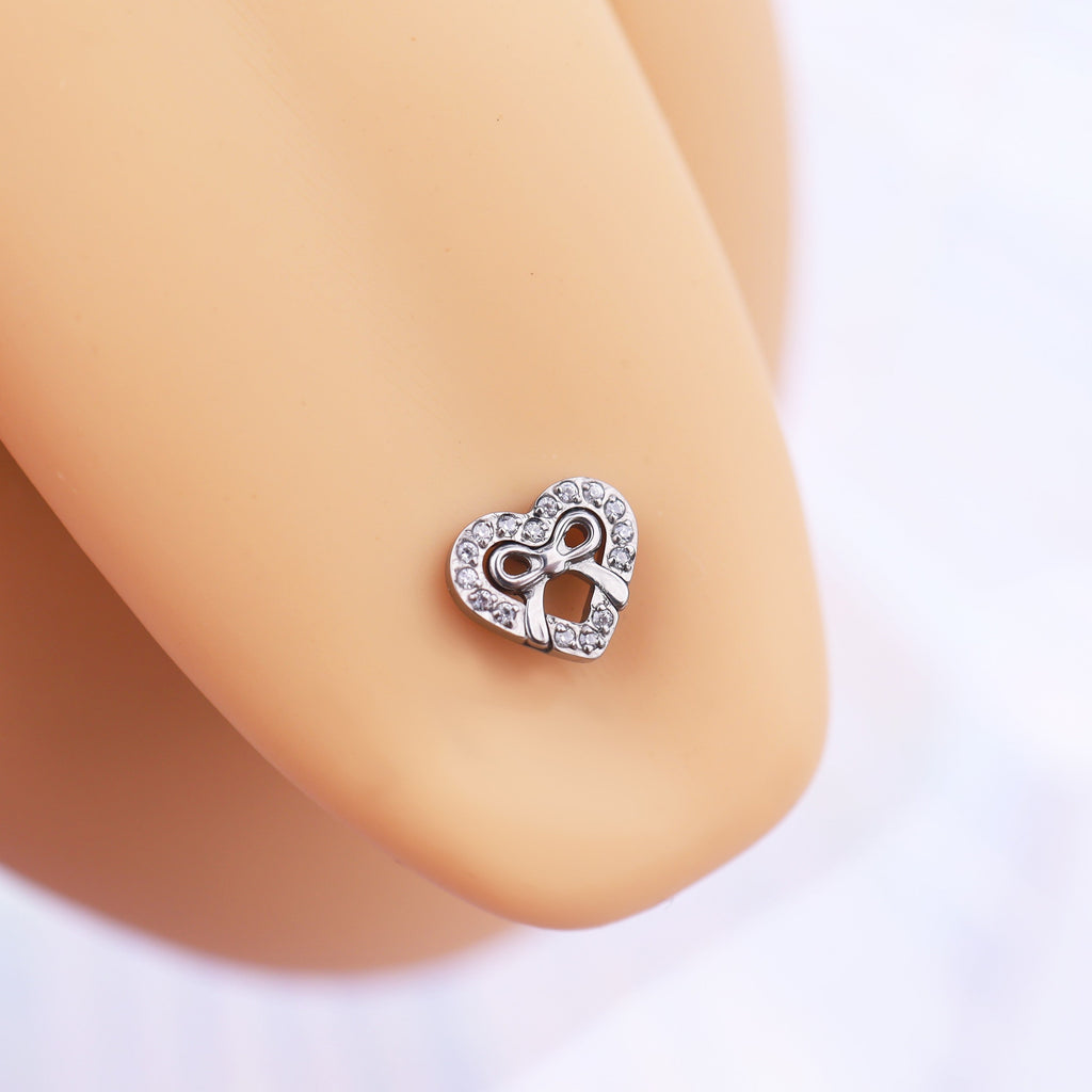 Heart Bow Tie CZ Titanium Tongue Stud - Heart Bow Tie CZ Titanium Tongue Stud - Sliver / 10mm by CRUXJEWELRY