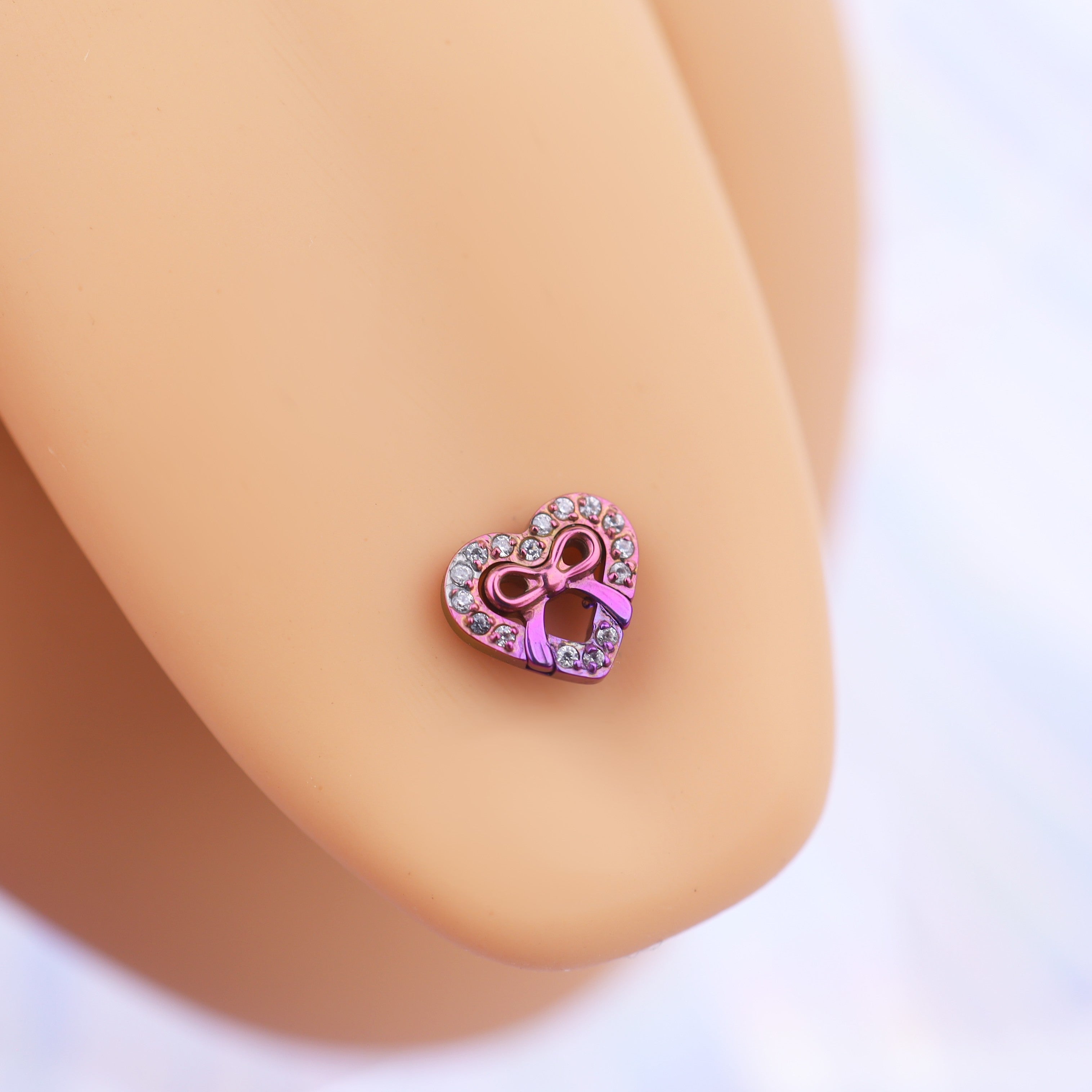 Heart Bow Tie CZ Titanium Tongue Stud - Heart Bow Tie CZ Titanium Tongue Stud - Pink-Purple Gradient / 10mm by CRUXJEWELRY