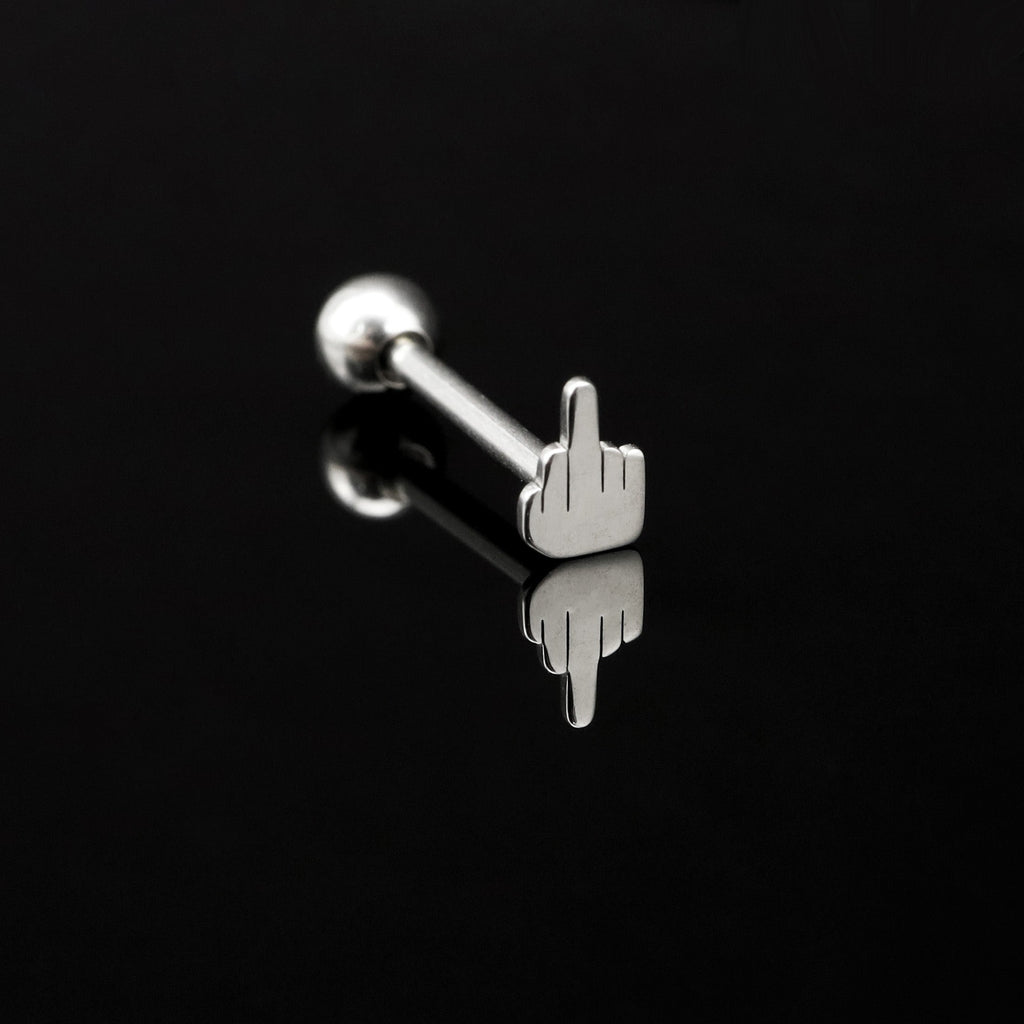 Middle Finger Gesture stainless steel Tongue Stud - Middle Finger Gesture stainless steel Tongue Stud - 1.2mm/16G / 12mm by CRUXJEWELRY