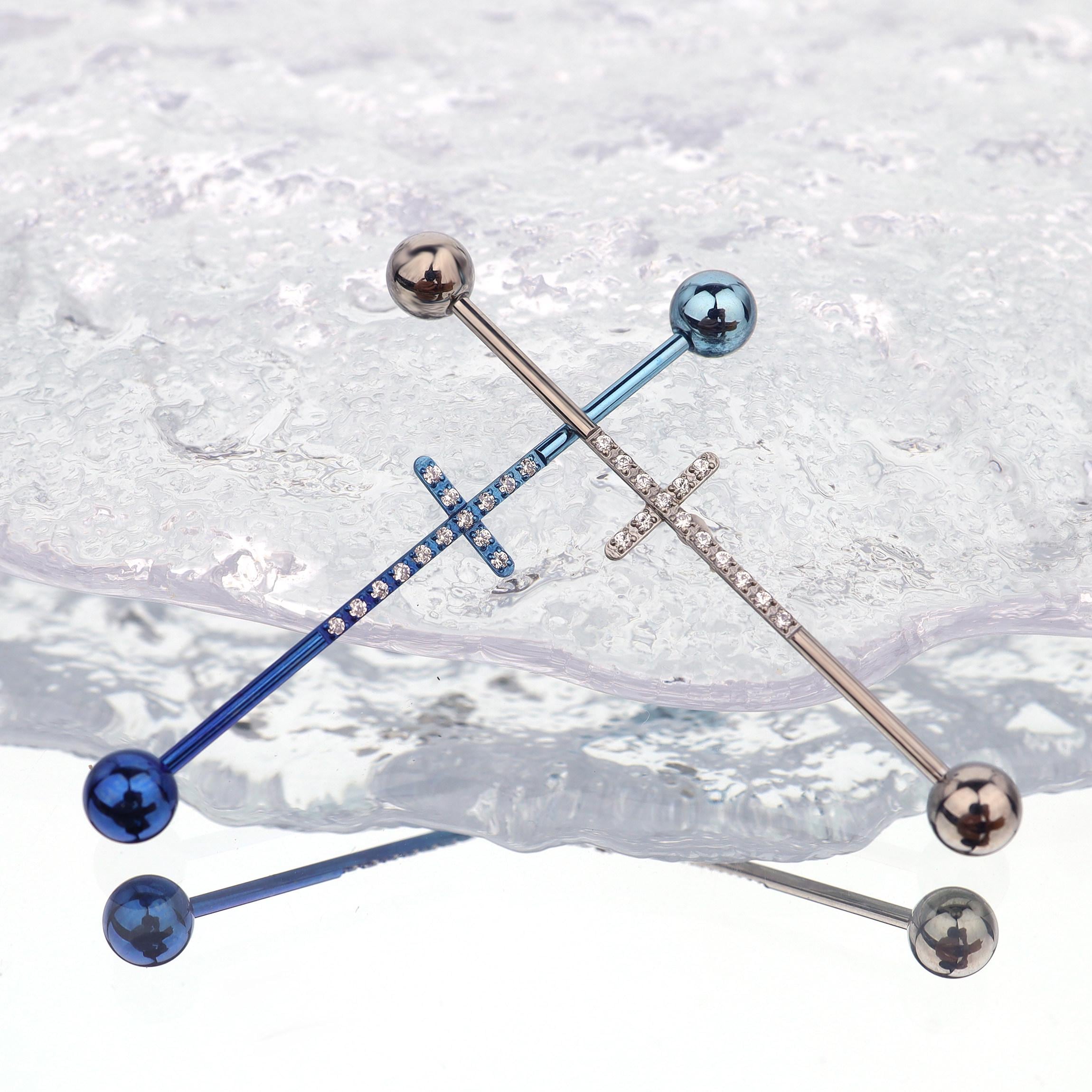 Pavé Cross titanium industrial barbell, detail view 4