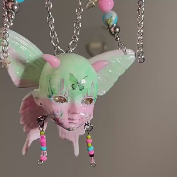 Pastel Goth Green Moth Doll Face Necklace with Pink Horns & Candy Beads