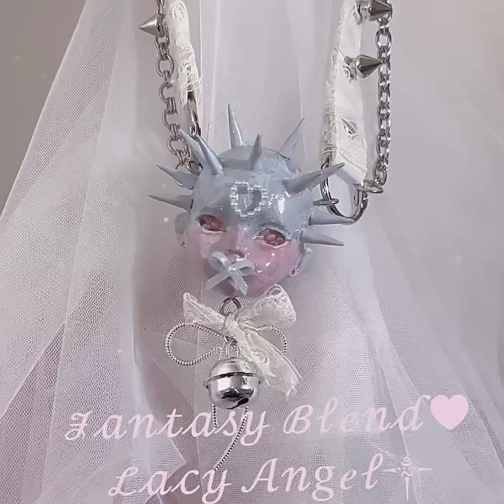 Pastel Goth Ice Blue Spiked Doll Face Choker with White Lace & Ribbon Pacifier