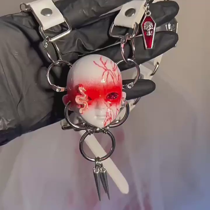 Bio-Horror "Infected" Doll Face Choker with White Snake & Red Veins - White Leather Bondage Straps