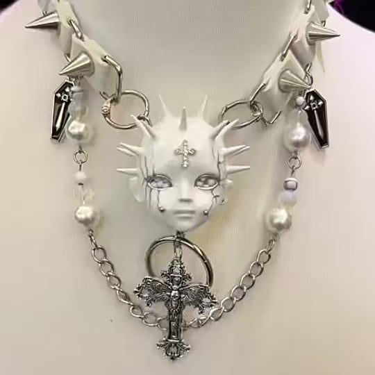 White Goth "Crying Angel" Spiked Doll Face Choker - Pearls, Coffins & Ornate Cross