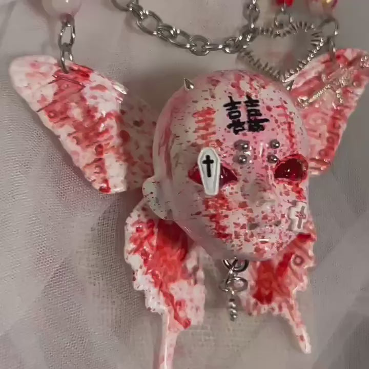 Bloody "Ghost Bride" Butterfly Doll Face Necklace - Double Happiness Symbol & Coffin Charm