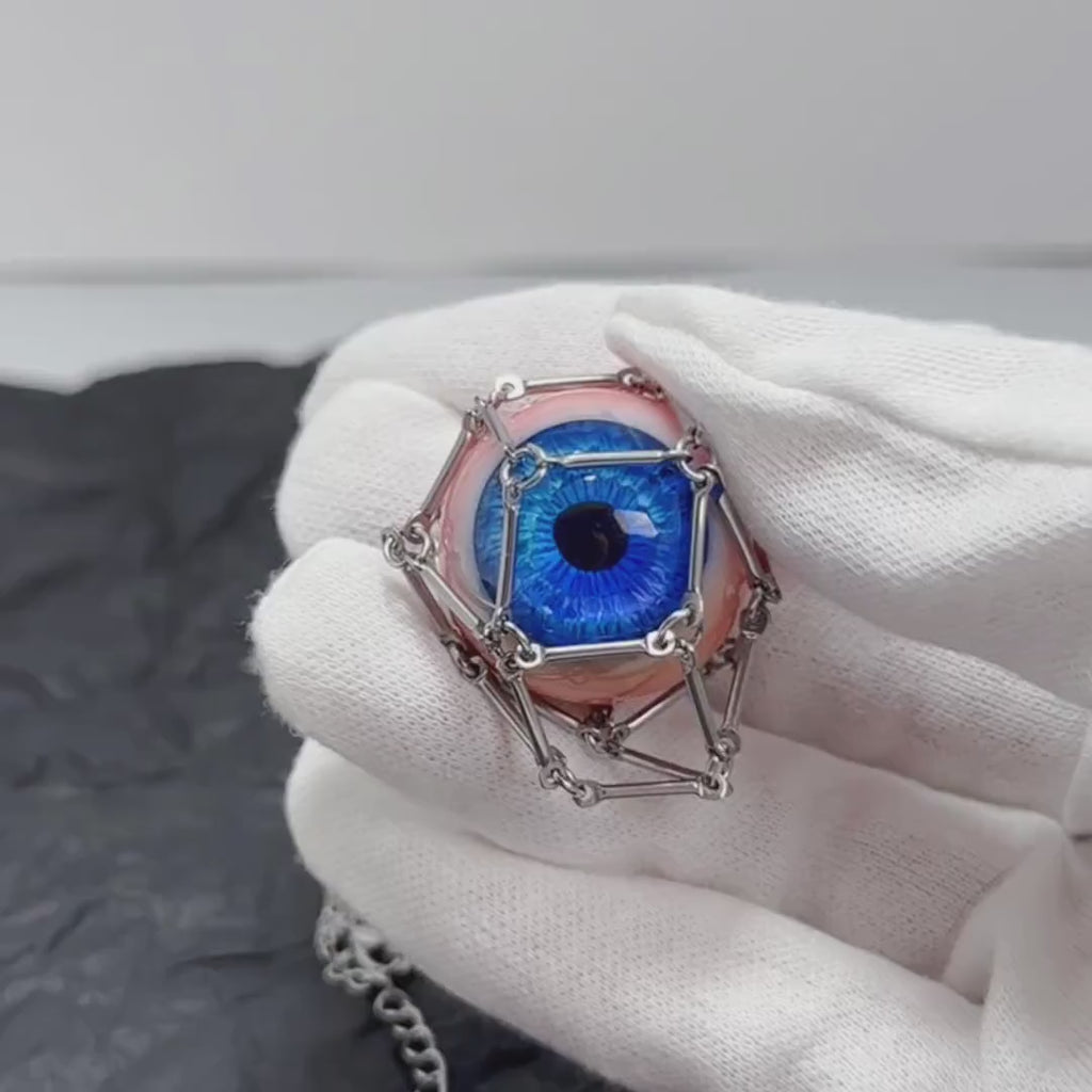 "The Captive" Caged Blue Eye Necklace - Geometric Silver Frame