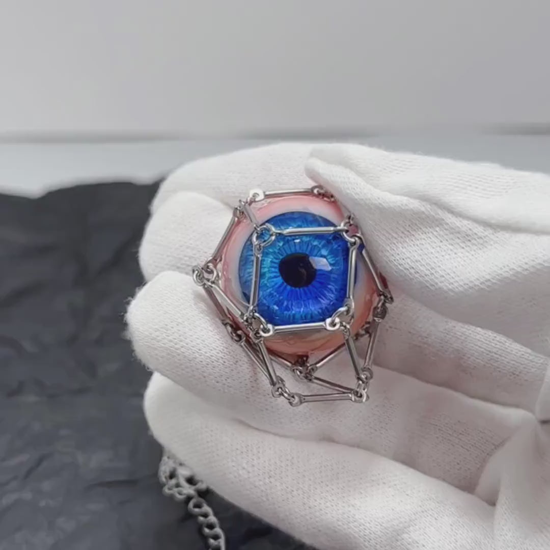"The Captive" Caged Blue Eye Necklace - Geometric Silver Frame