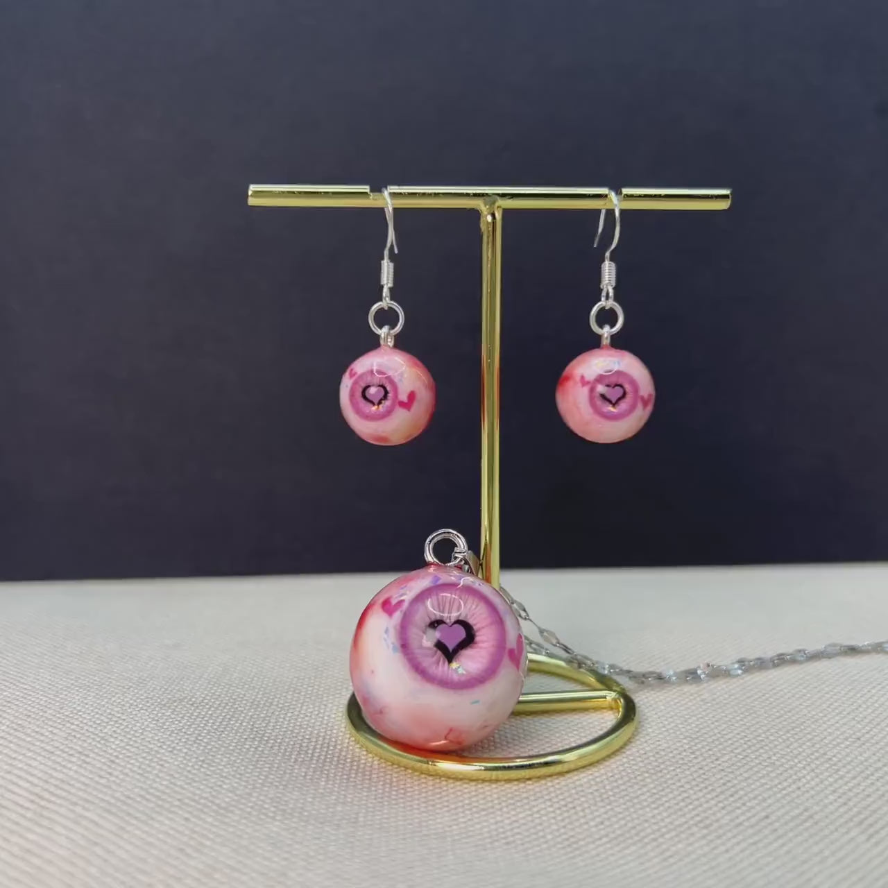 Kawaii Heart Pupil Eyeball Necklace & Earrings Set | 4-Color Matching Jewelry Bundle