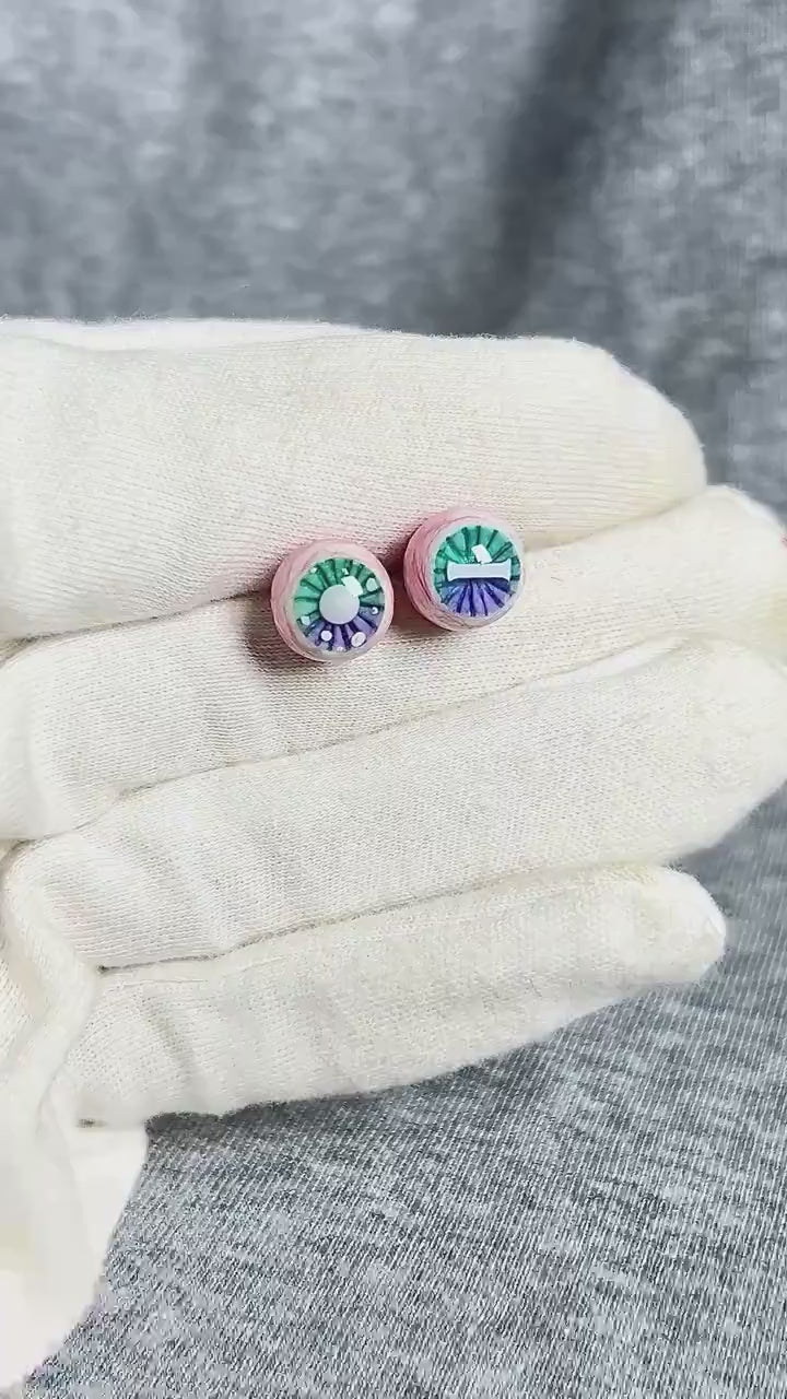 "Ghostly Pet" Mismatched Eyeball Studs - Aurora Iris (Bone & Moon)