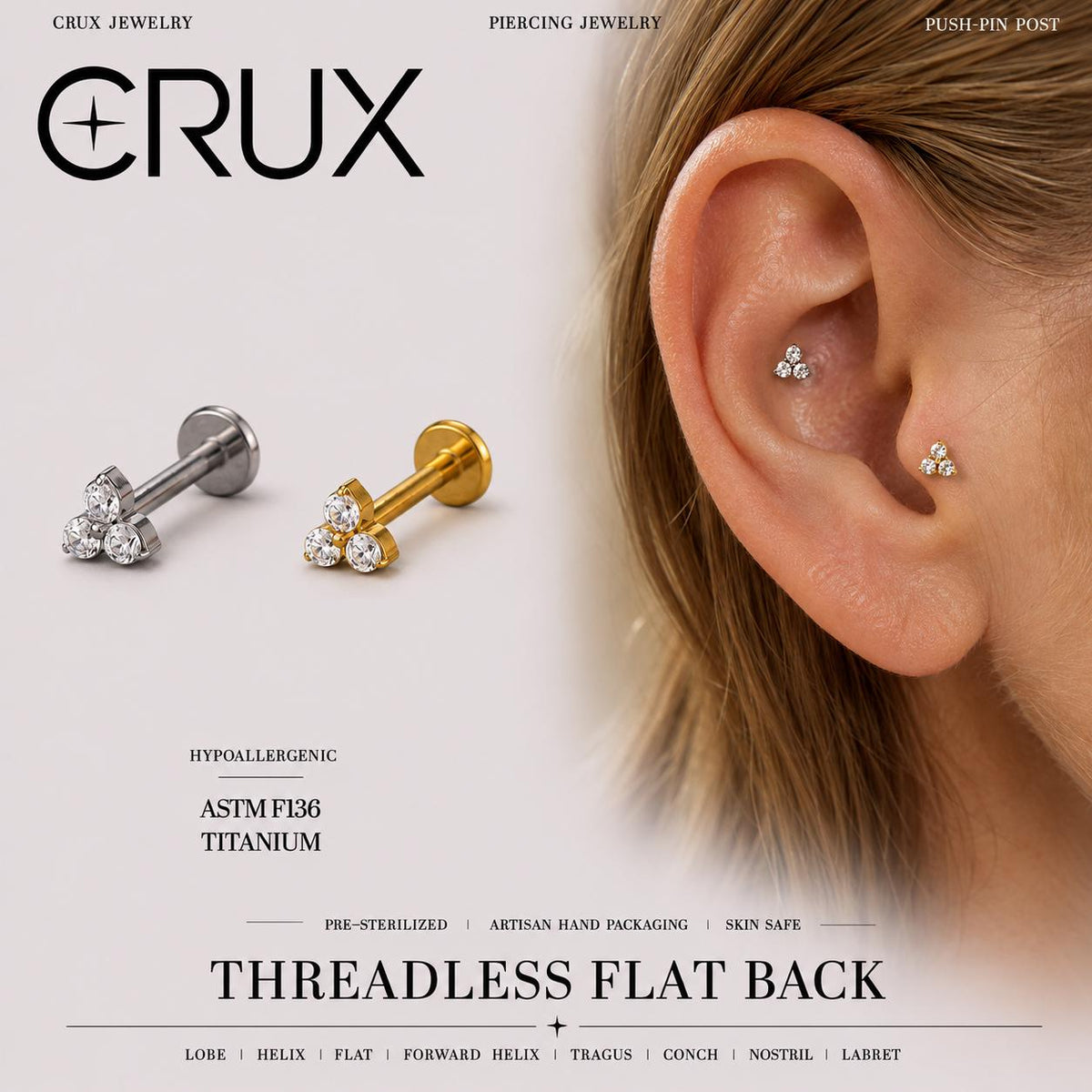 Three-Leaf Clover CZ threadless push-pin jewelry