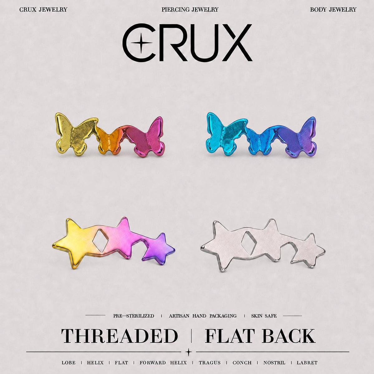 Triple Butterfly & Star F136 Titanium flat-back jewelry image 01