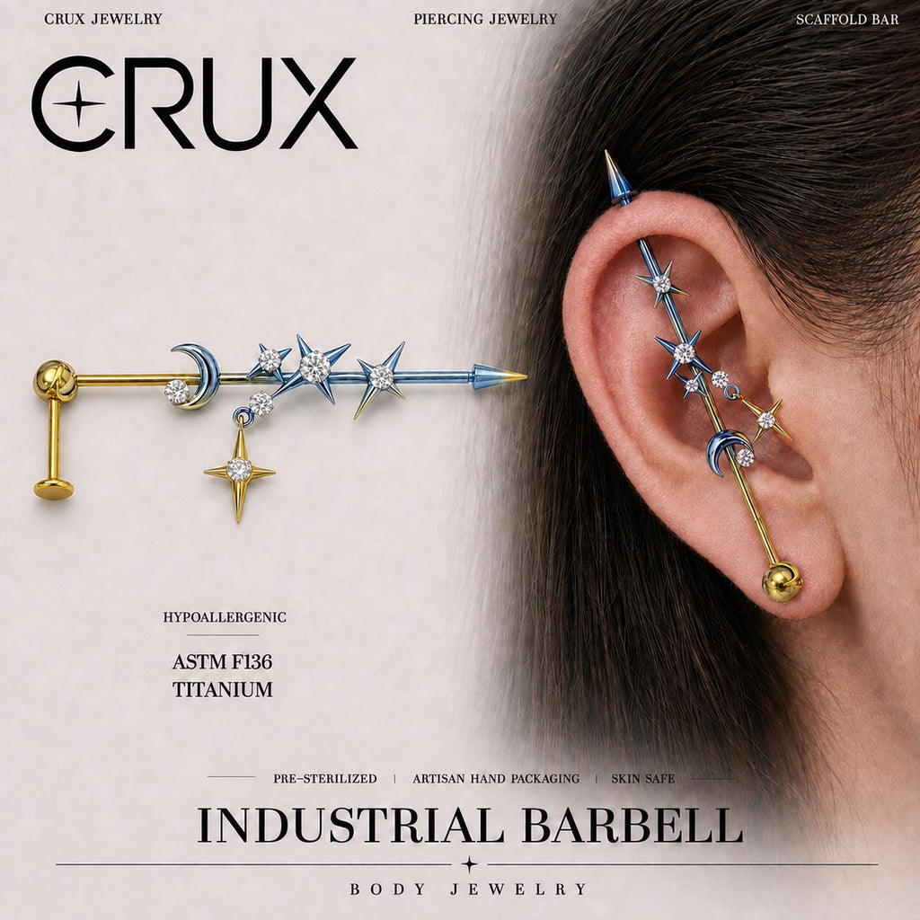 Triple Moon Crystal titanium industrial barbell, front view