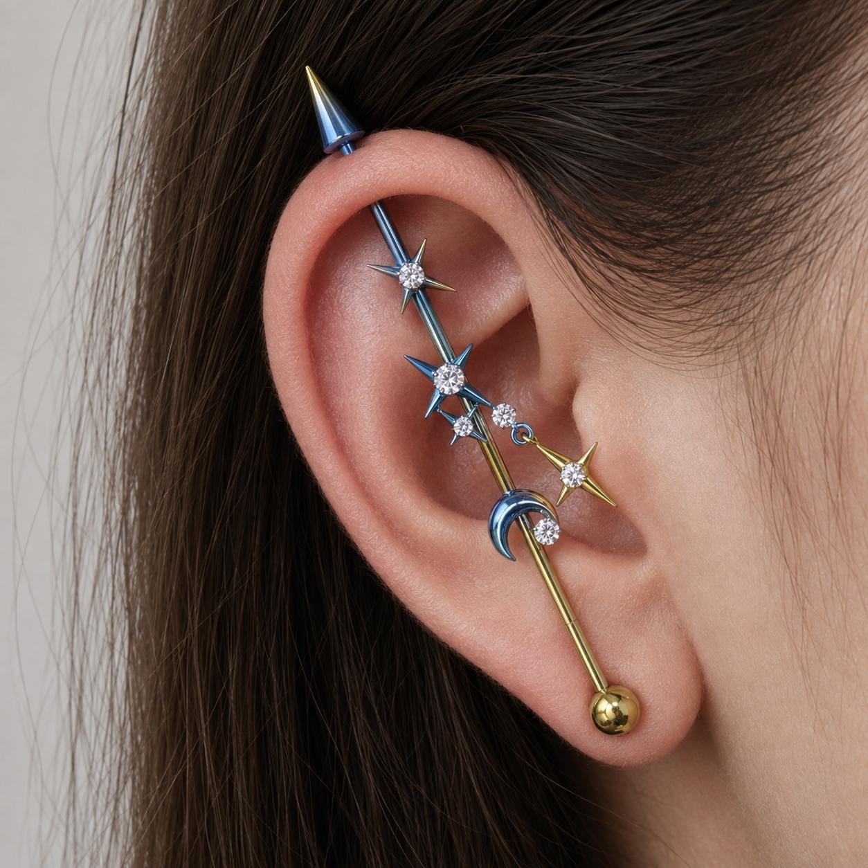 Triple Moon Crystal titanium industrial barbell, detail view 2