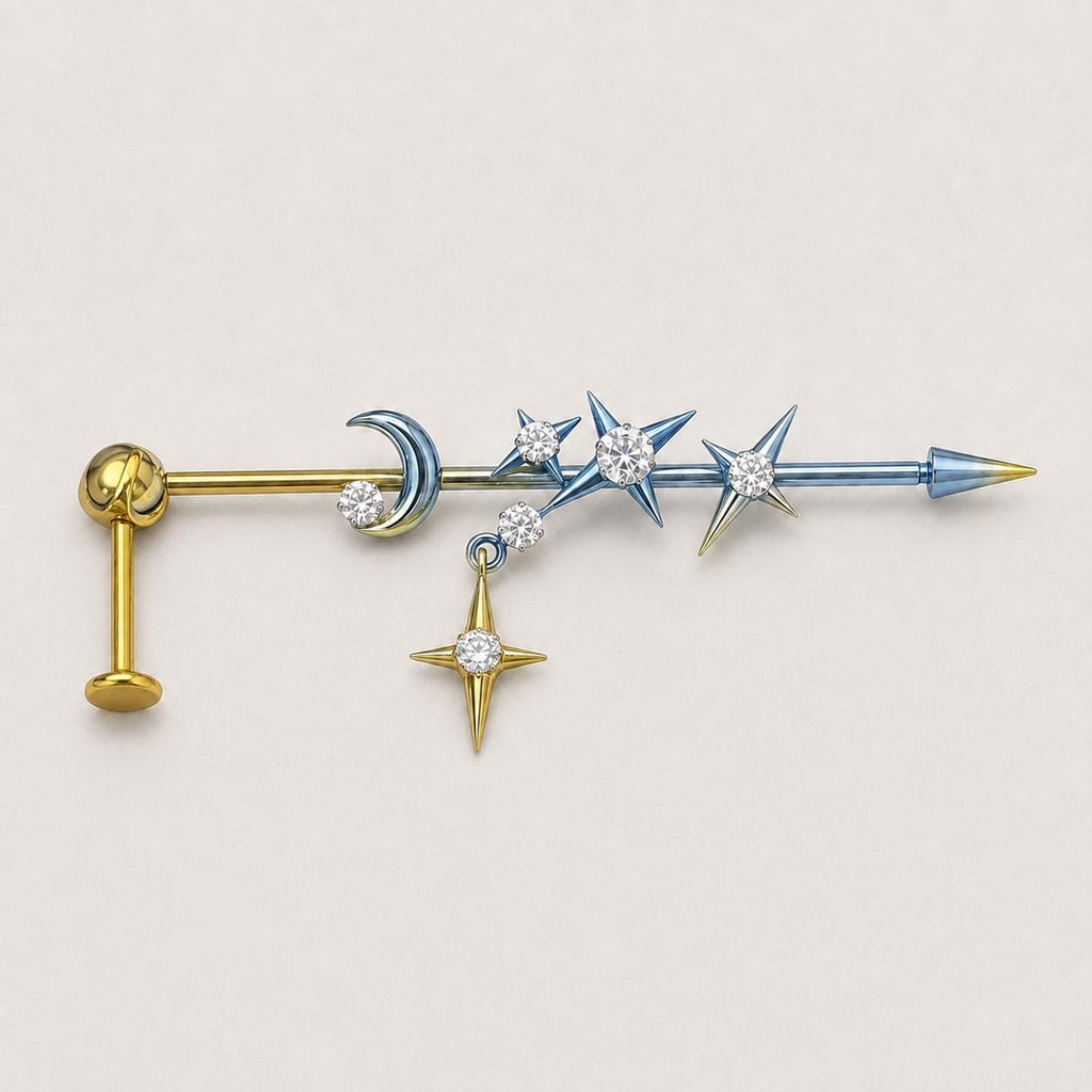 Triple Moon Crystal titanium industrial barbell, detail view 6