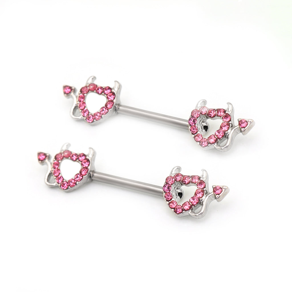 Hot Pink CZ Openwork Demon Heart Stainless Steel Nipple Rings - Hot Pink CZ Openwork Demon Heart Stainless Steel Nipple Rings - Set by CRUXJEWELRY